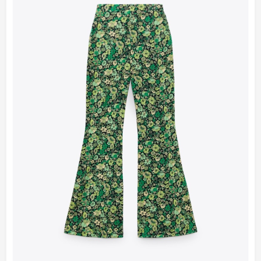 Zara Pants Flare Leg High Rise Green Floral Print Stretchy Women’s Size Small